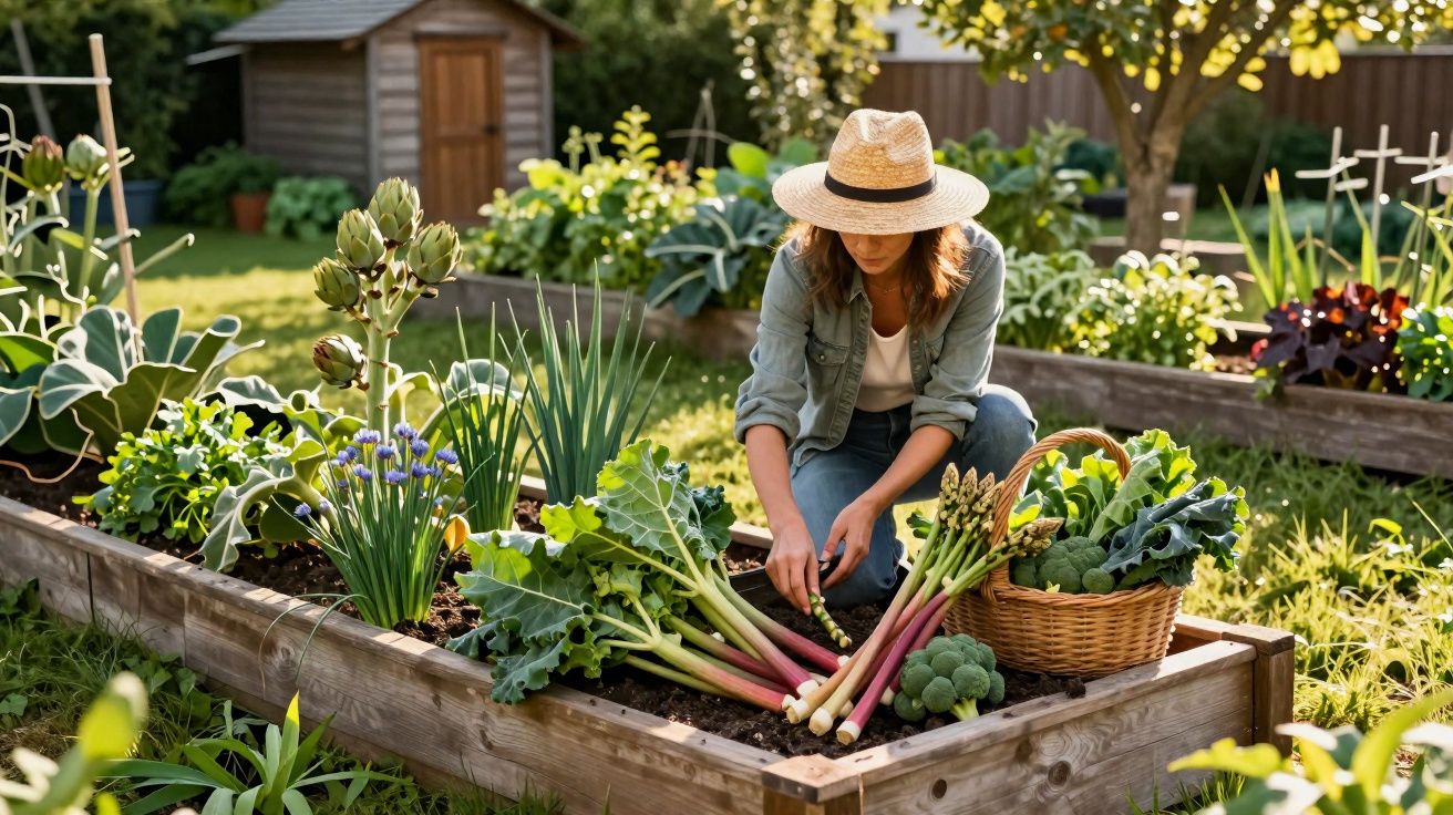 Mulher com chapéu a colher legumes numa horta elevada em jardim ensolarado com vegetação diversa.