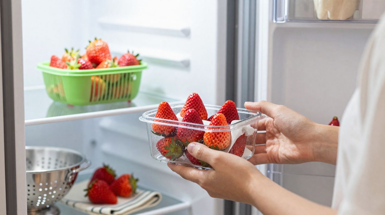 Pessoa a guardar morangos num recipiente transparente dentro do frigorífico.