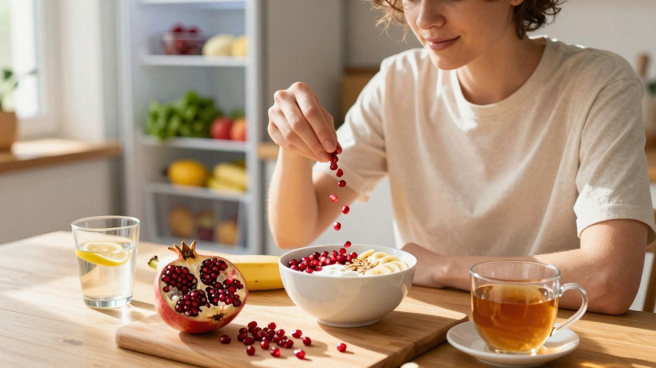 Pessoa a colocar sementes de romã numa taça com iogurte e fruta numa mesa de cozinha iluminada.