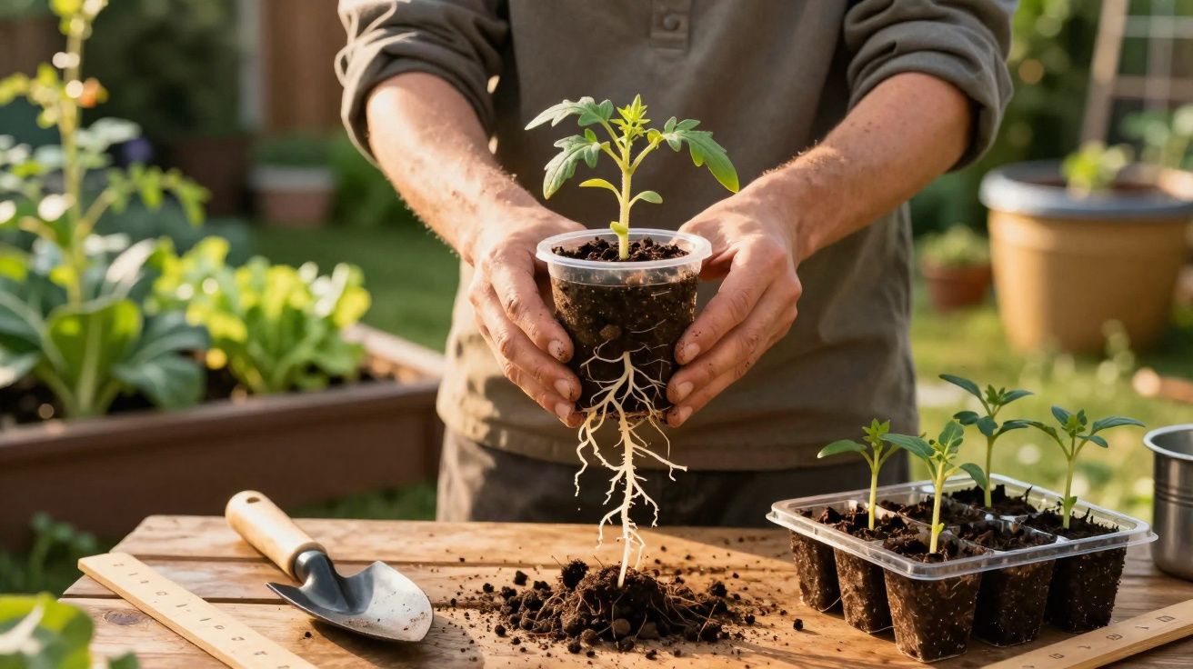 Pessoa a segurar uma muda com raízes expostas sobre mesa de madeira, com ferramentas e outras mudas ao lado.