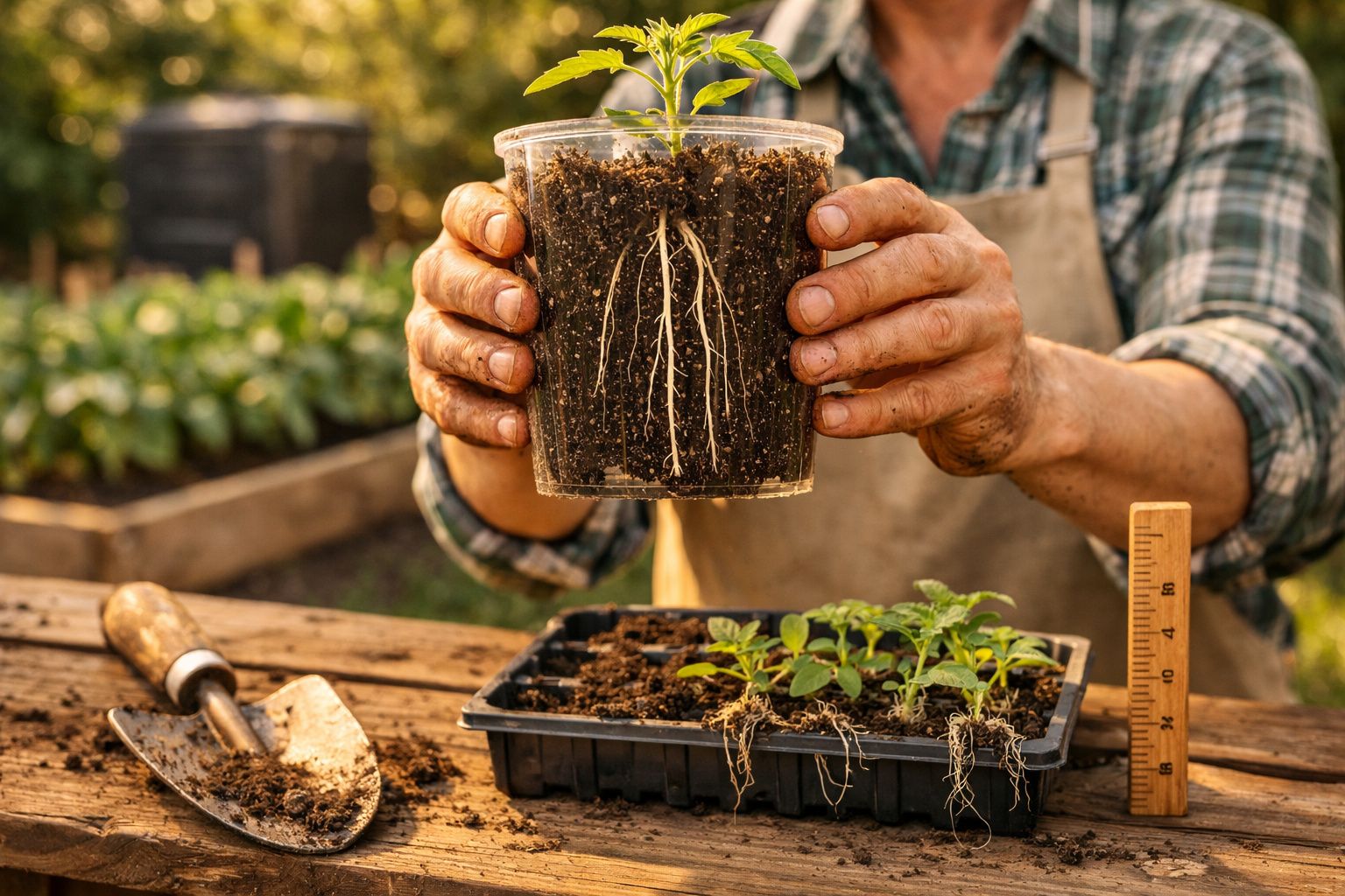 Mãos sujas seguram vaso transparente com muda e raízes visíveis, com bandeja de plantas e régua na mesa de madeira.