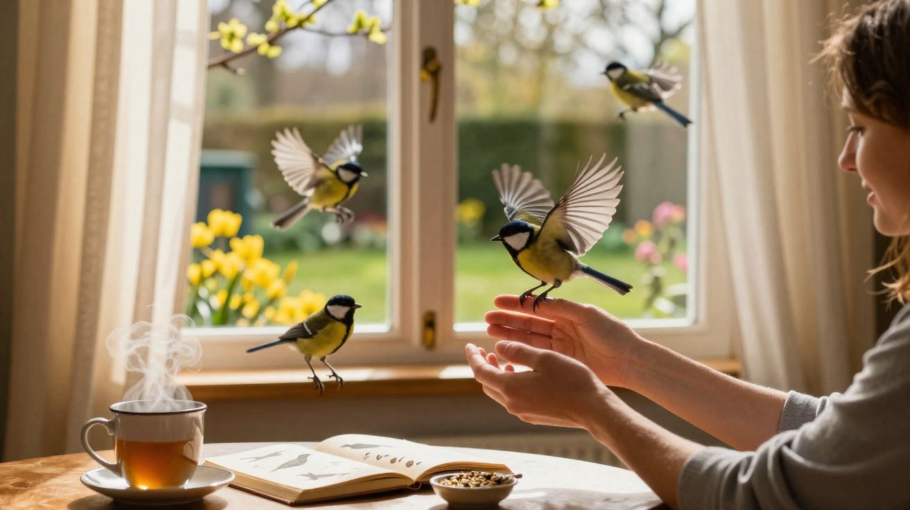 Pessoa a alimentar pássaros numa sala iluminada, com chá e livro numa mesa perto da janela aberta.