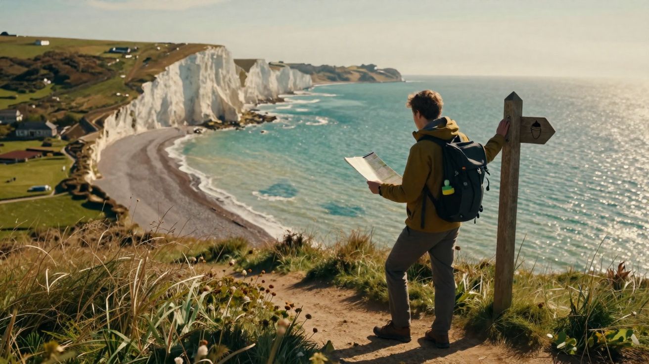 Homem com mochila lê mapa junto a placa de sinalização na falésia à beira-mar com penhascos brancos ao fundo.