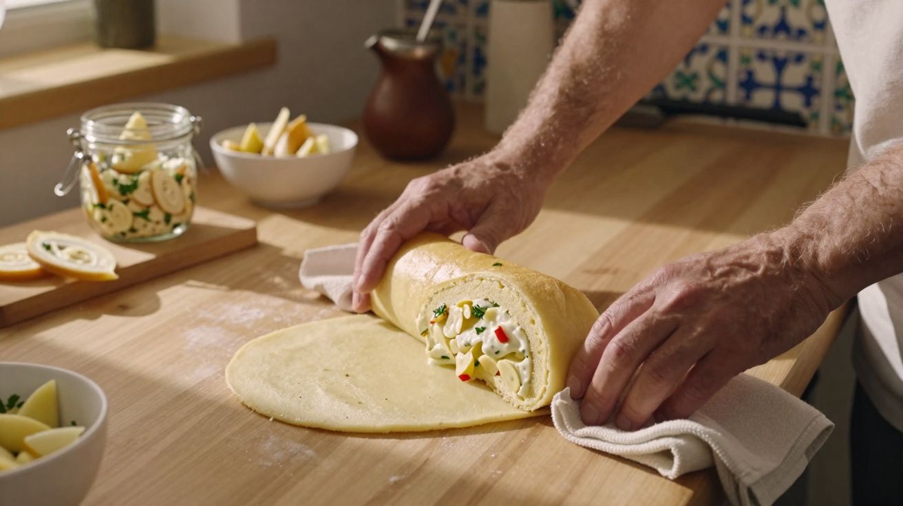 Mãos enrolando massa recheada com queijo e ervas numa bancada de madeira numa cozinha iluminada.