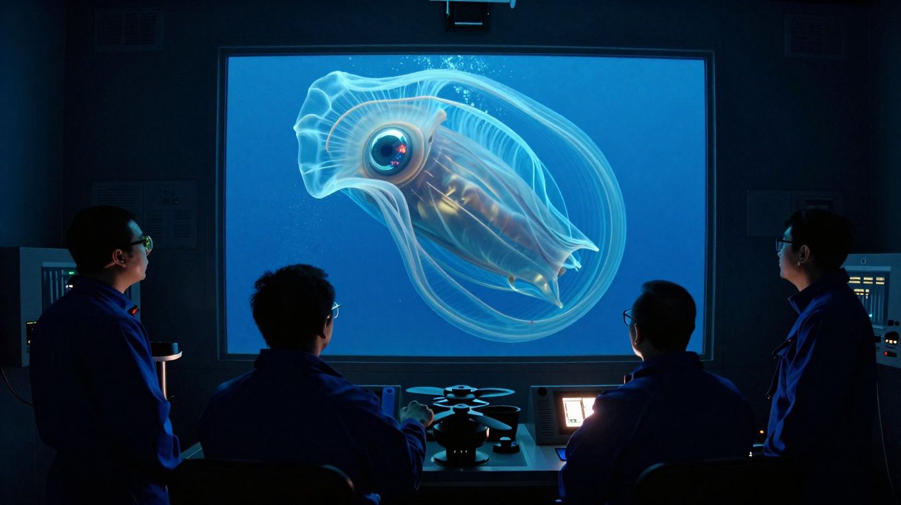 Quatro pessoas observam uma imagem digital gigante de um molusco transparente numa sala escura.