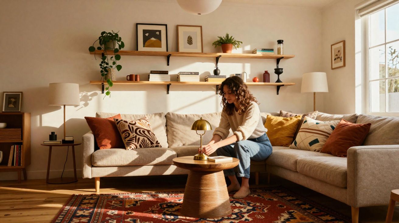 Mulher com cabelo encaracolado sentada num sofá bege numa sala acolhedora com luz natural e decoração minimalista.