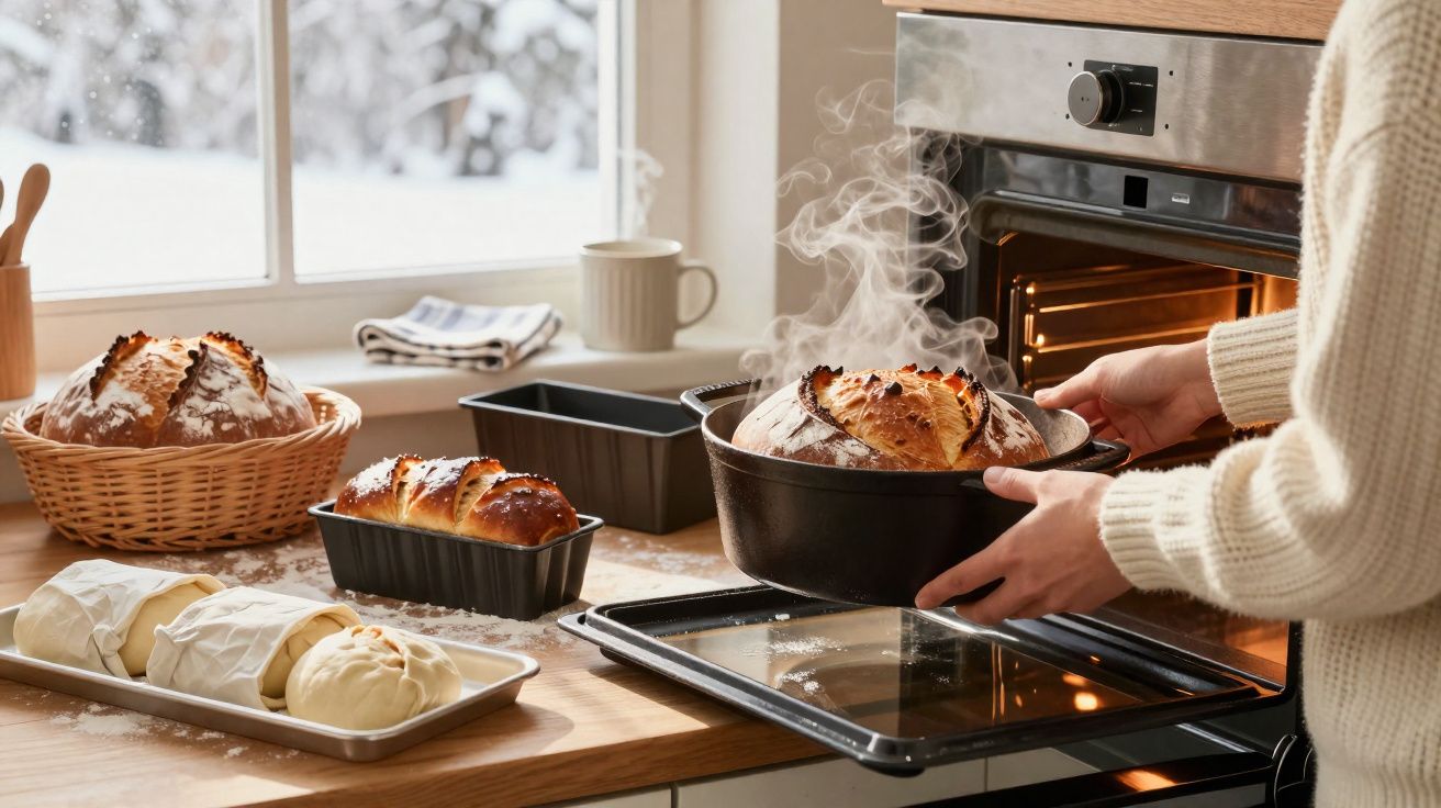 Pessoa a tirar pão quente e fumegante do forno numa cozinha iluminada por luz natural.
