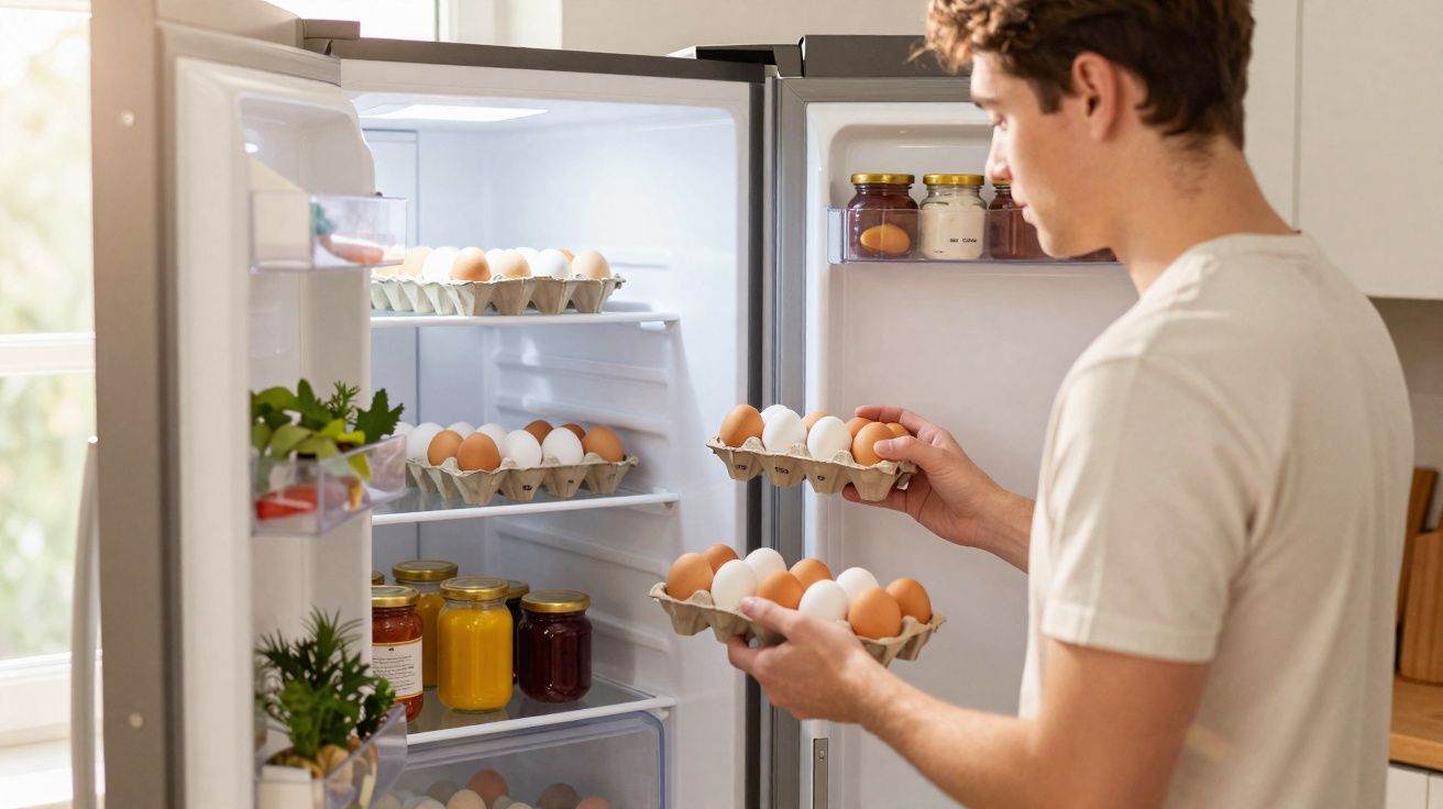 Jovem de camiseta clara a organizar caixas de ovos numa porta de frigorífico aberto numa cozinha iluminada.