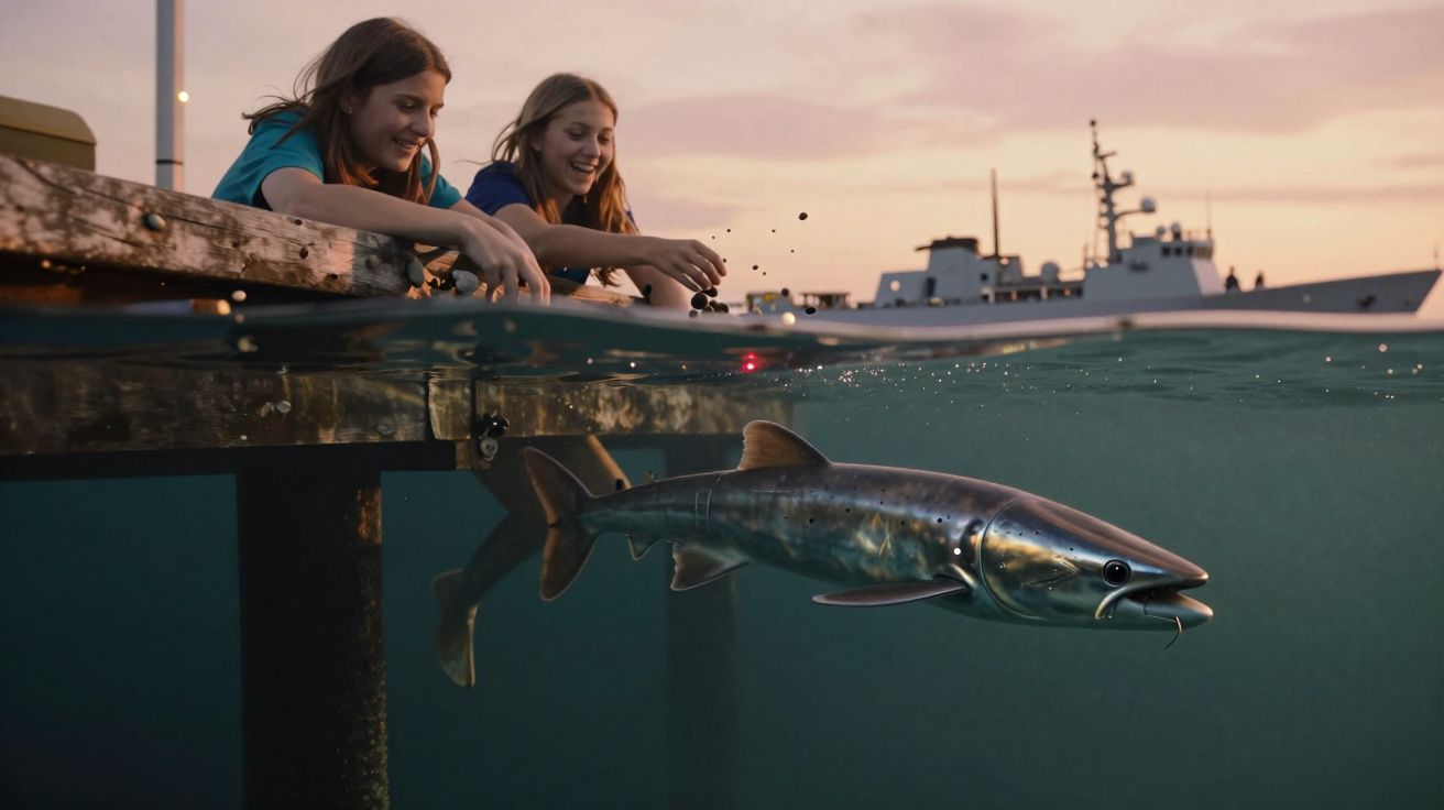 Duas jovens observam e alimentam um tubarão pequeno perto de um cais ao pôr do sol com um navio ao fundo.