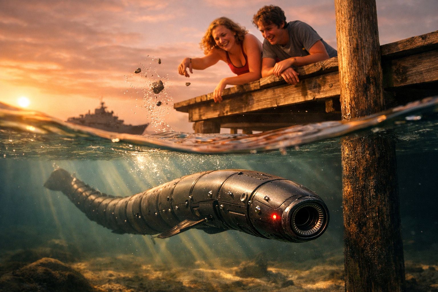 Casal divertido no cais de madeira a jogar pedras para um robô subaquático em forma de serpente.