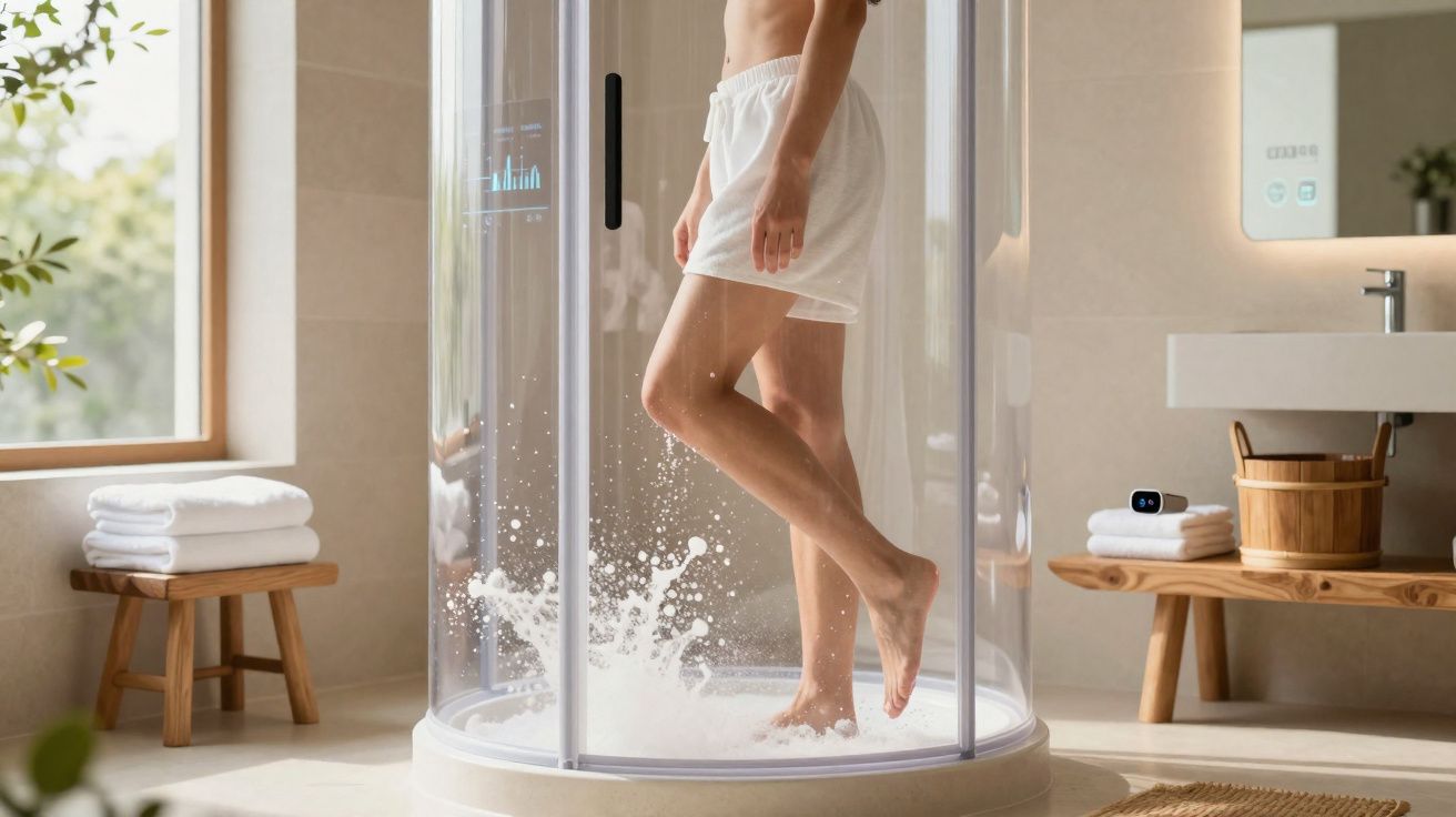 Pessoa de pé numa casa de banho moderna dentro de um duche redondo com vidro e base branca.