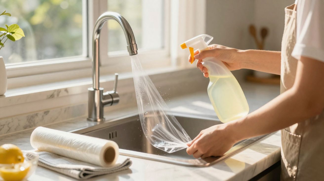 Pessoa a limpar a pia da cozinha com spray e pano transparente junto a uma torneira de aço inoxidável.