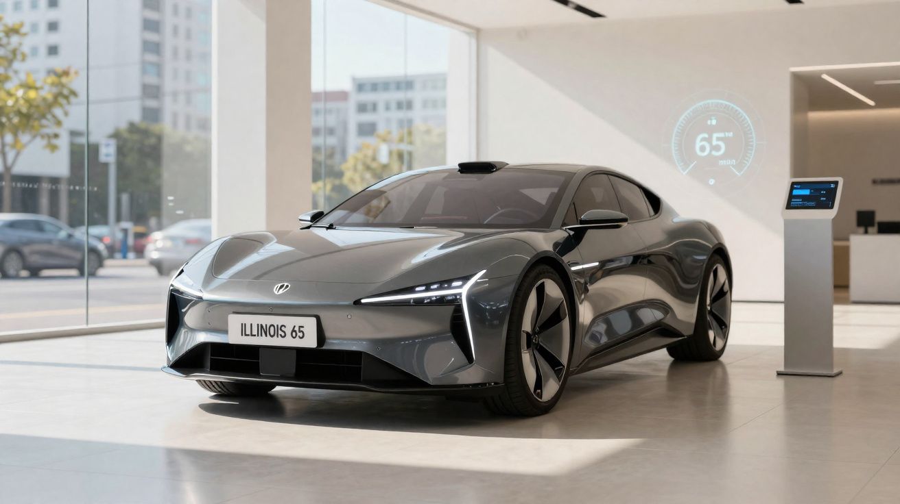 Carro desportivo elétrico cinza estacionado dentro de uma sala moderna com parede de vidro e pedestal digital ao lado.