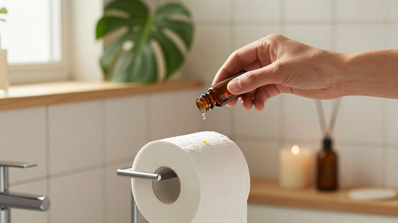 Mão a colocar gotas de óleo essencial num rolo de papel higiénico numa casa de banho iluminada.