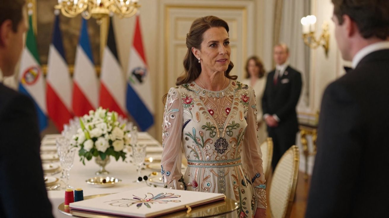 Mulher em vestido bordado conversa em sala elegante com bandeiras e mesa decorada ao fundo.