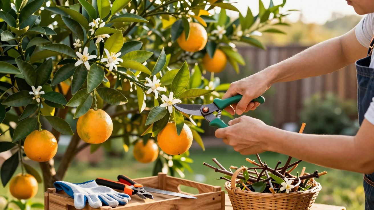 Pessoa a podar ramo de laranjeira com flores e frutos, em jardim, com equipamentos de jardinagem à vista.