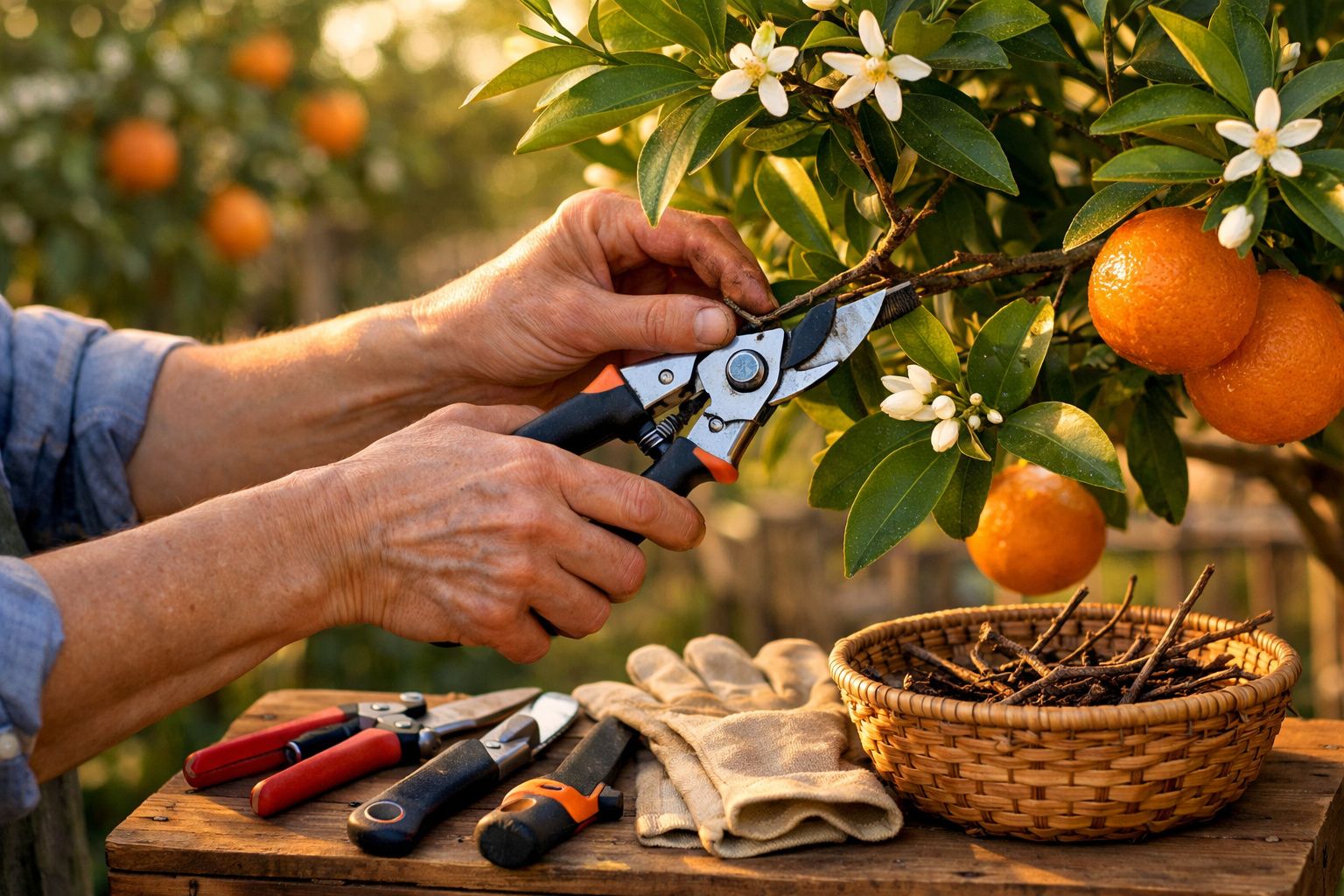 Mãos de pessoa podando ramo de laranjeira com tesoura de poda, perto de cesta com ramos cortados.