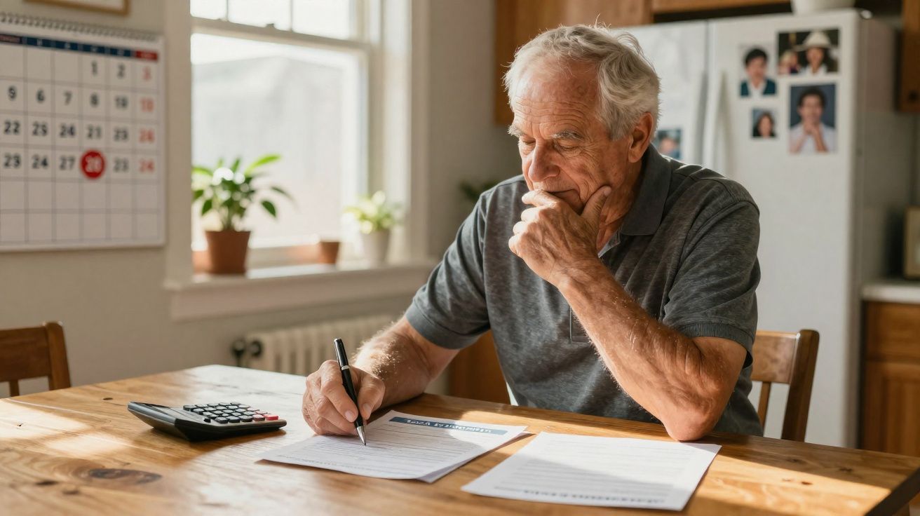 Idoso sentado a escrever em documentos numa mesa de madeira, com calculadora, em ambiente doméstico iluminado.