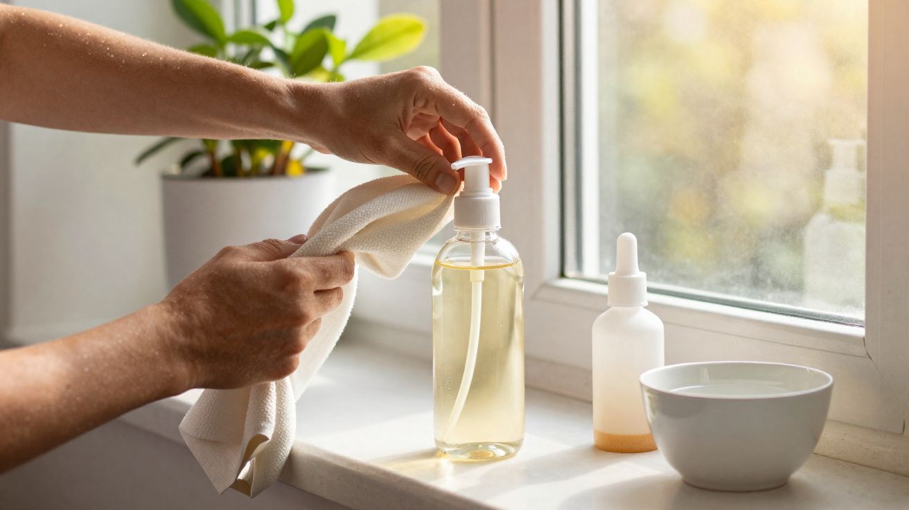 Pessoa a limpar frasco de sabonete líquido com pano branco numa janela iluminada pela luz natural.