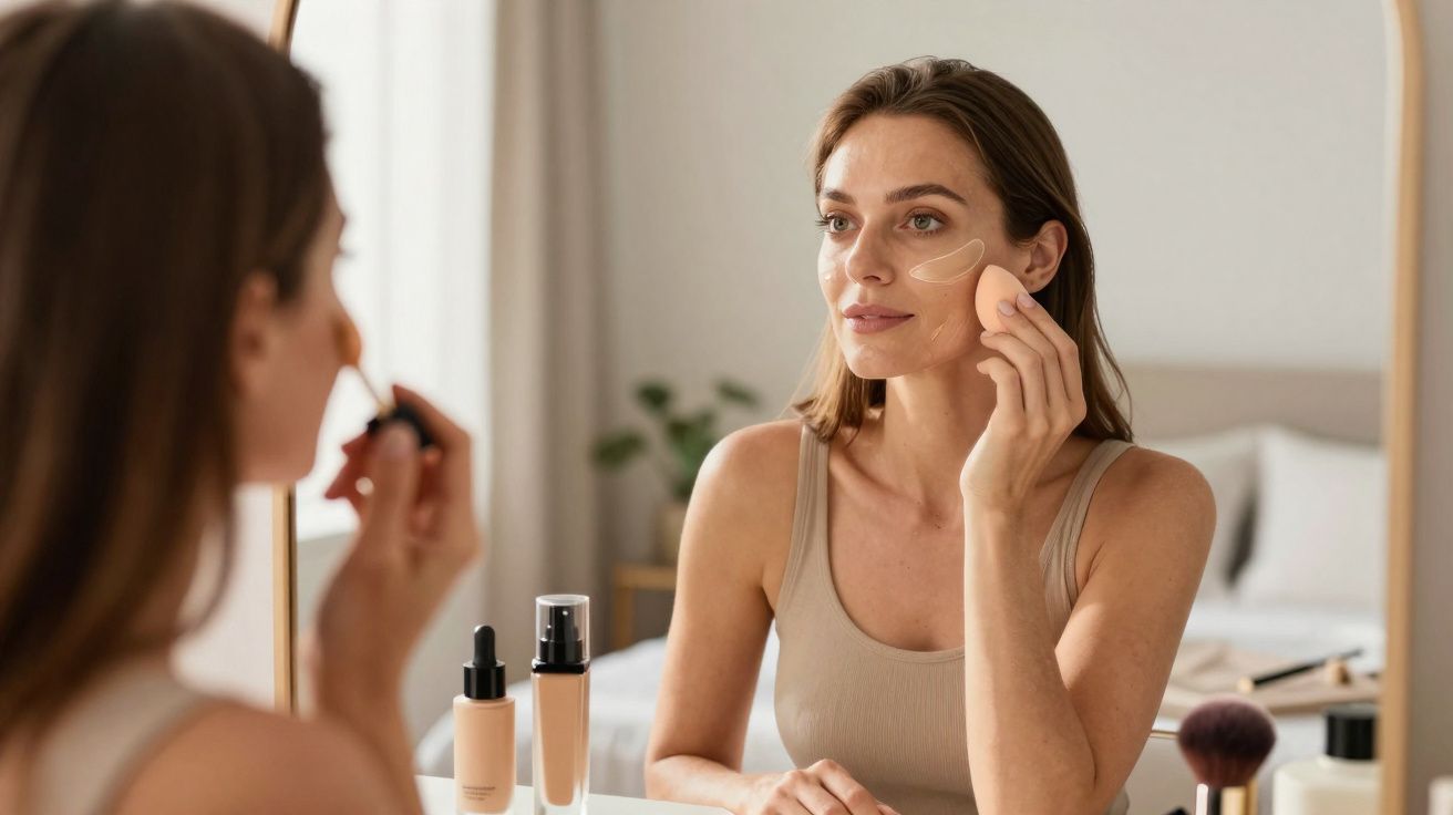 Mulher a aplicar maquilhagem com esponja, olhos iluminados com parches transparentes, sentada em frente a espelho.
