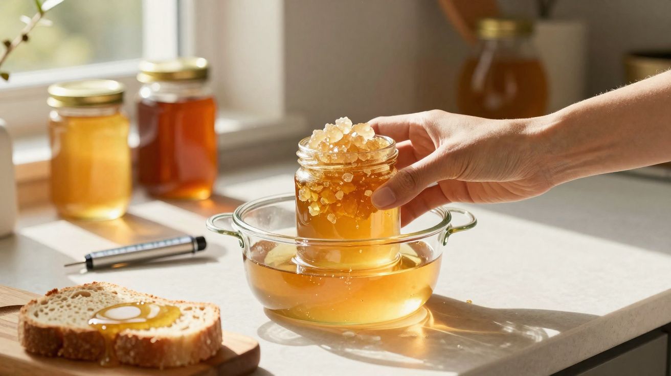Mão a aquecer um frasco de geleia de pêssego em banho-maria perto de pão com geleia numa cozinha iluminada.