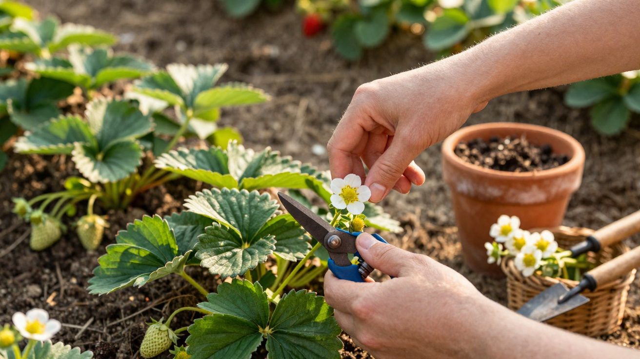 Mãos a podar flores de morangueiro num jardim, com vaso e ferramentas de jardinagem ao fundo.