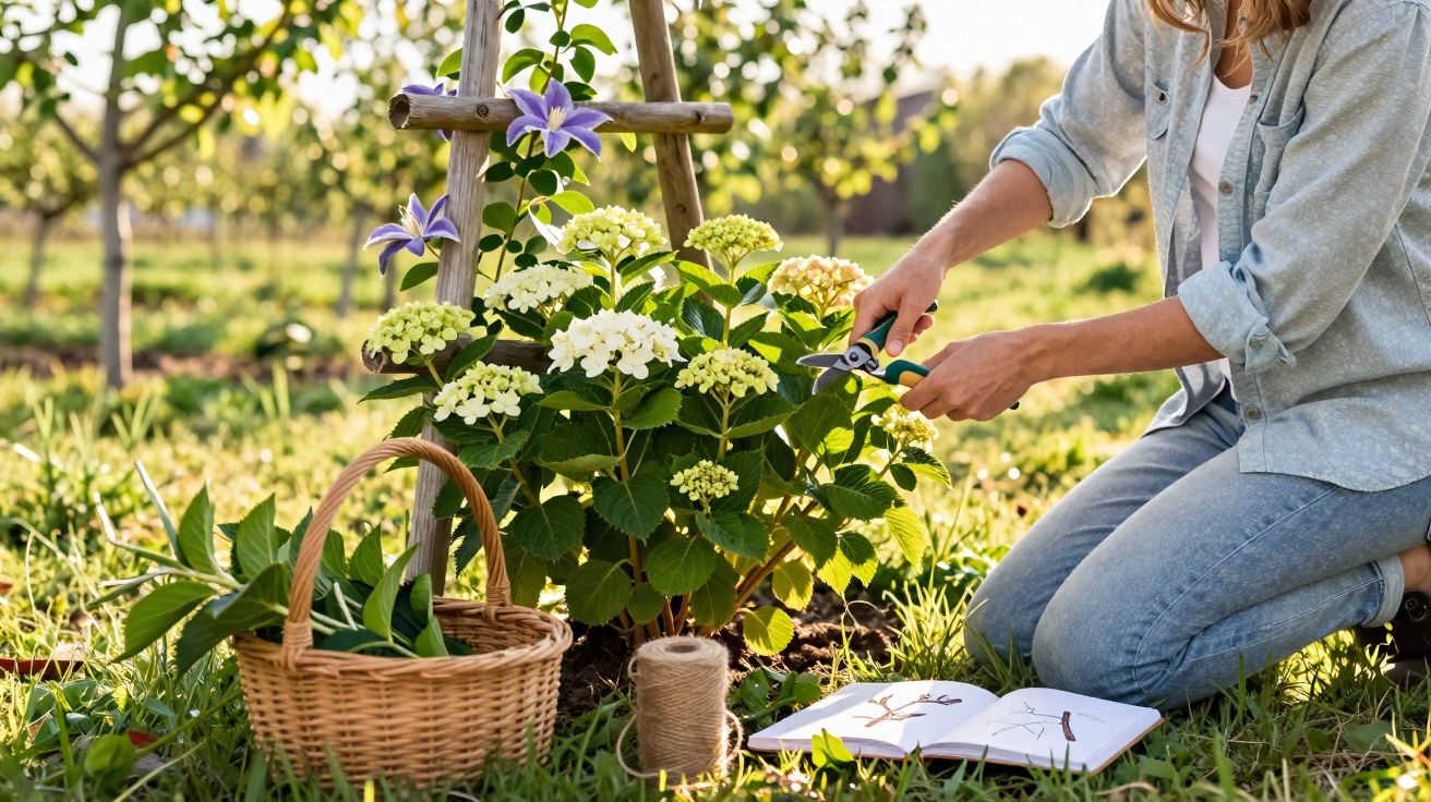 Pessoa a podar flores brancas e roxas num jardim, com cesta e caderno ao lado.