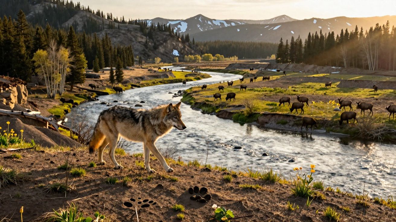 Lobo à beira de um rio com alces pastando numa planície, florestas e montanhas ao fundo ao pôr do sol.