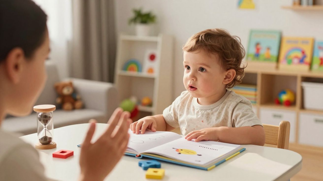 Criança sentada à mesa a olhar para adulto enquanto lê um livro ilustrado numa sala colorida.