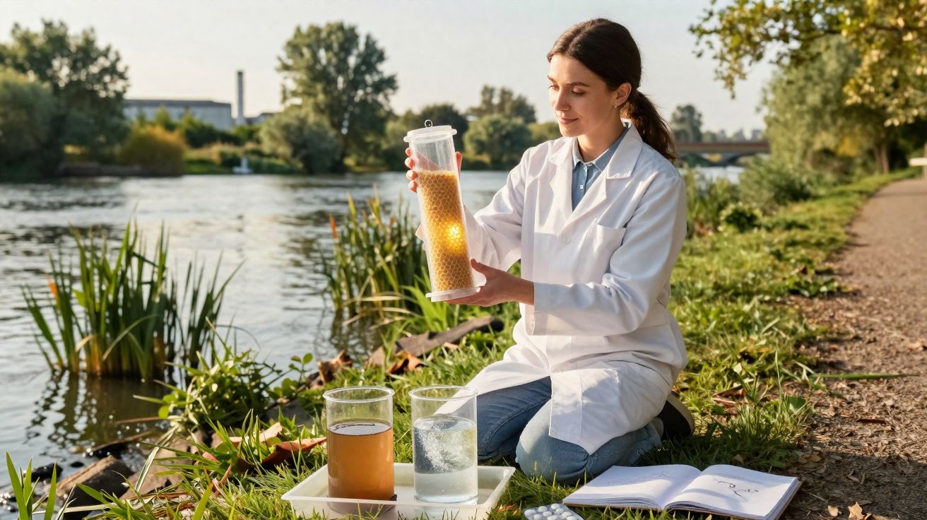 Mulher em bata branca analisa amostra de água dourada perto de rio com equipamento científico e caderno aberto.