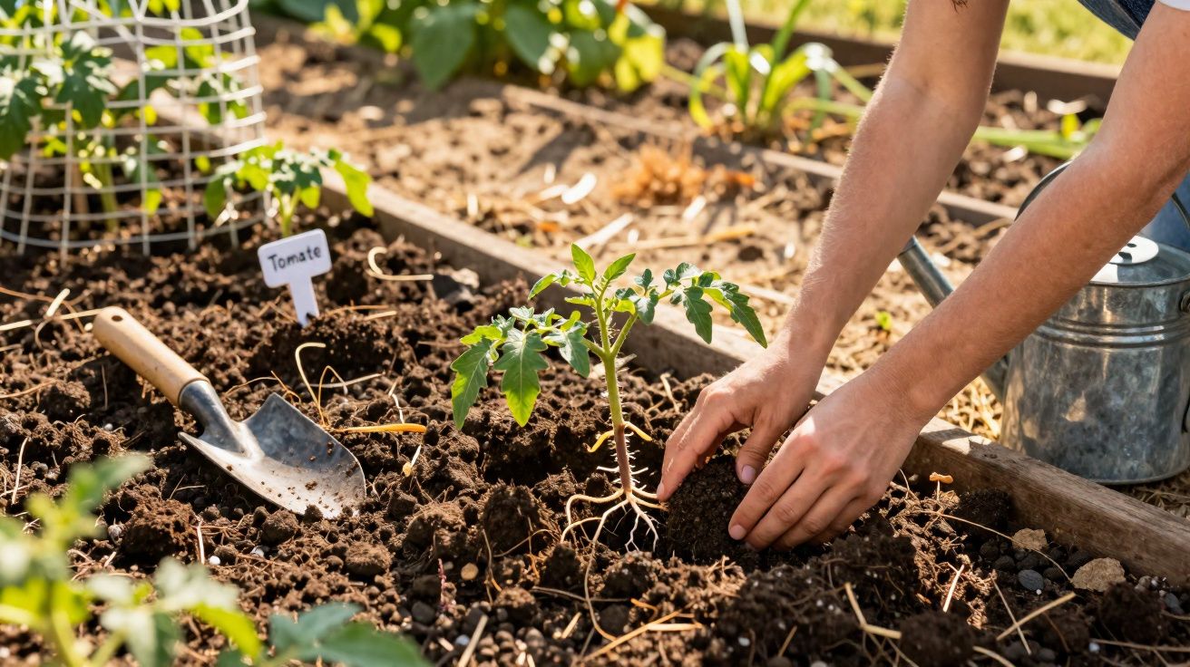 Pessoa a plantar muda de tomateiro numa horta com enxada e regador ao lado.