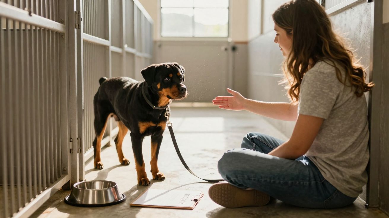Mulher sentada no chão interage com cão na trela num corredor iluminado de abrigo animal.