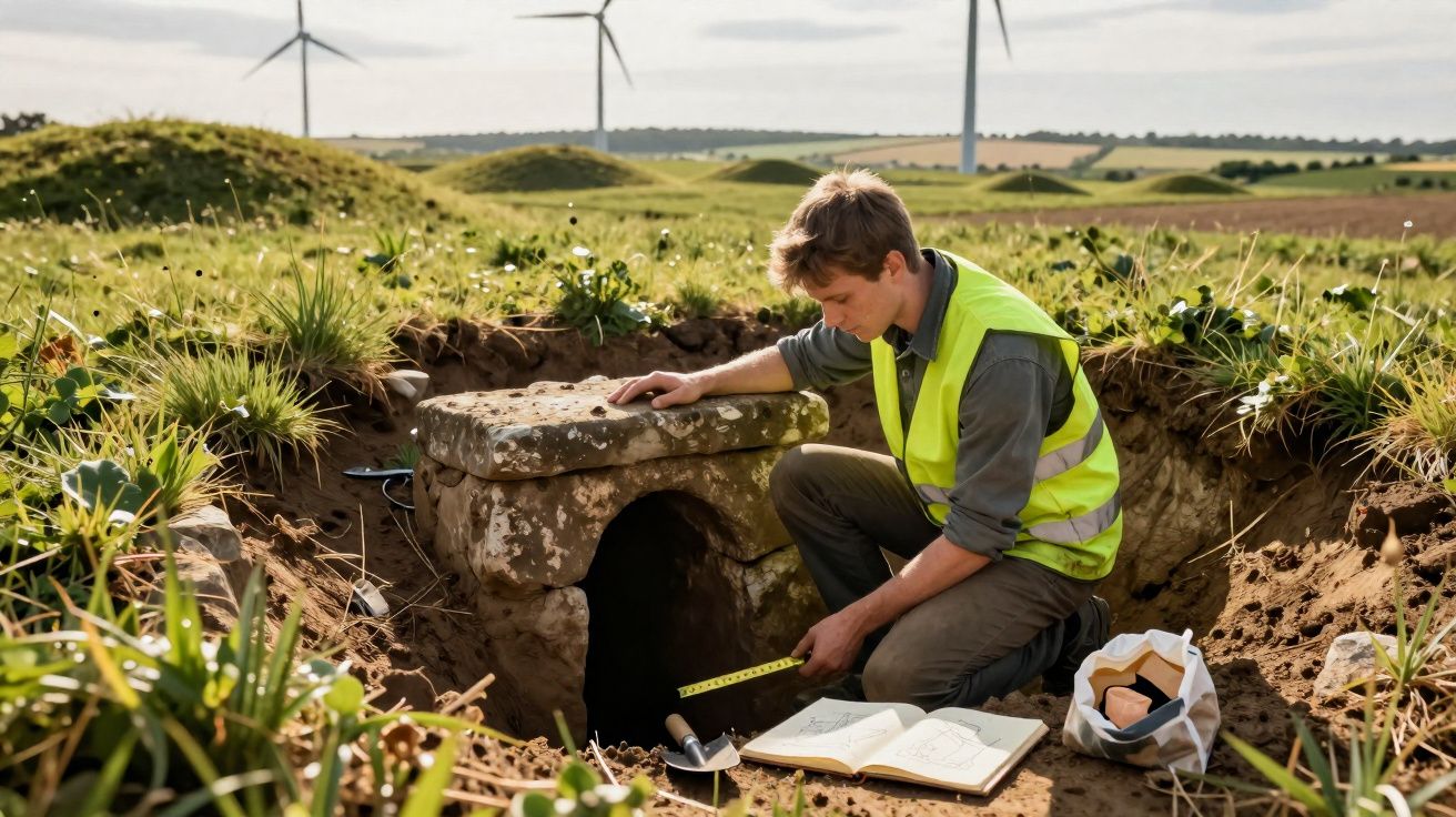 Arqueólogo com colete refletor mede entrada de estrutura antiga durante escavação ao ar livre.