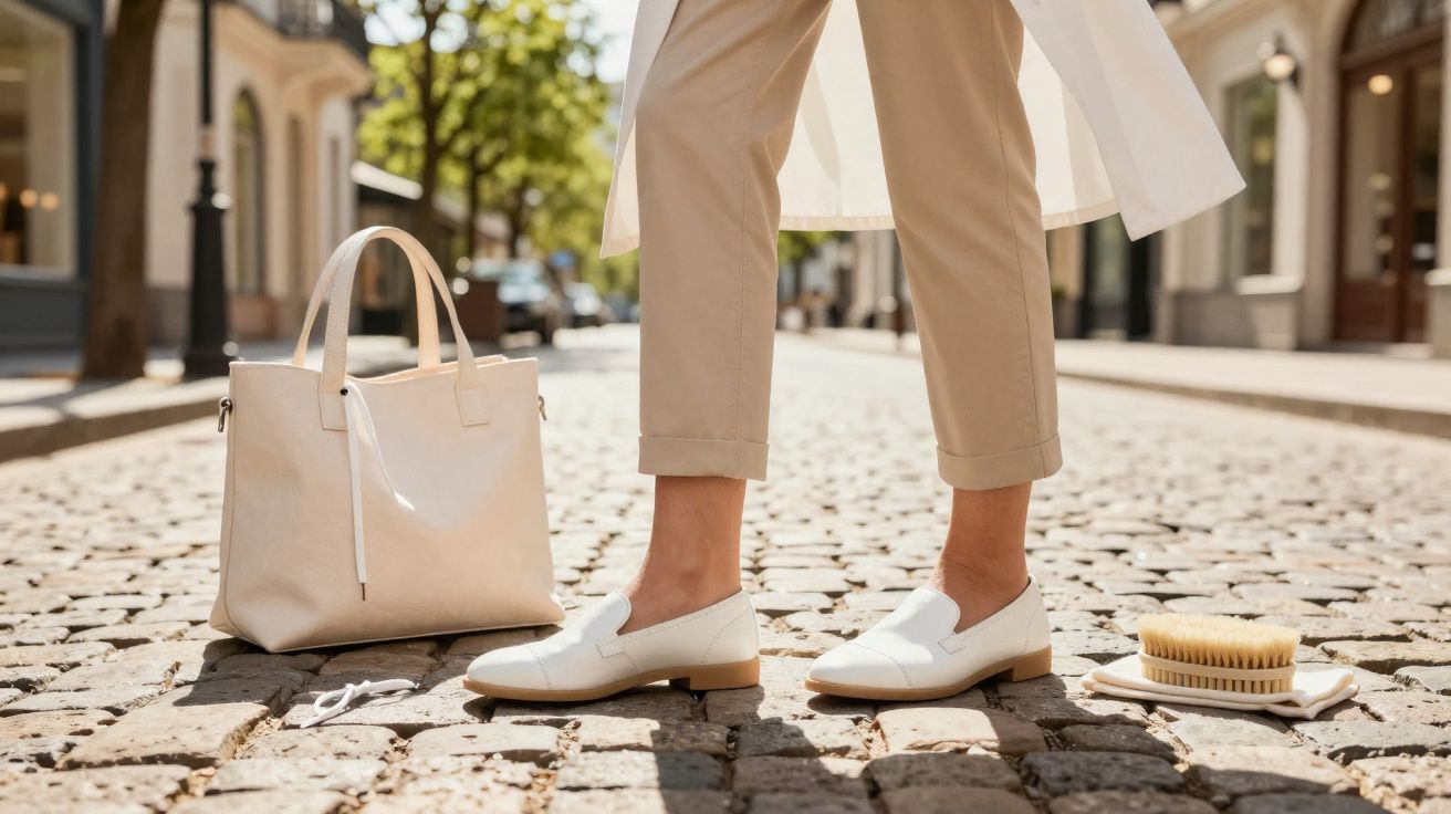 Pés de mulher com calças beges e sapatos brancos numa rua de calçada, ao lado de mala e escova para sapatos.