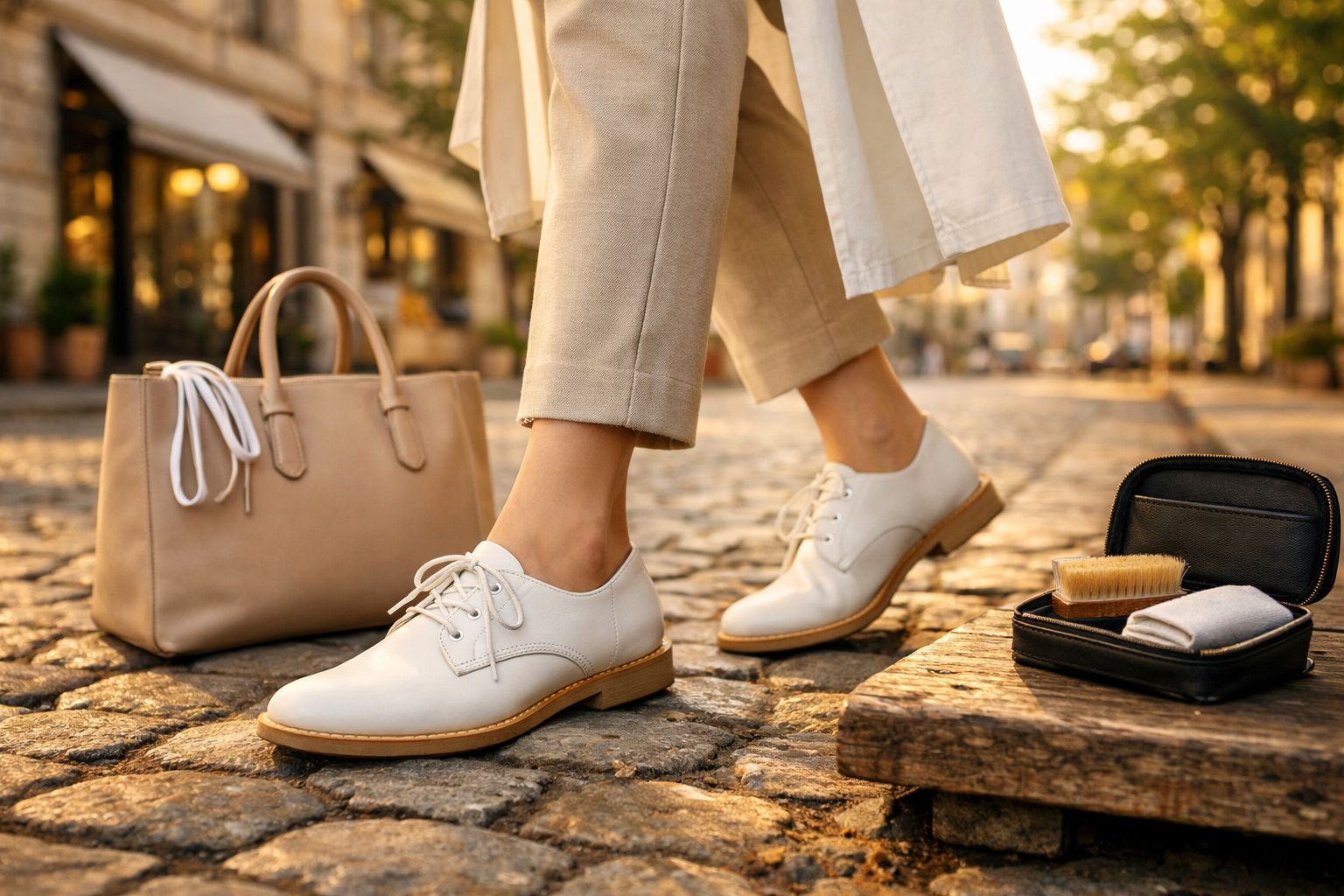 Pessoa calçando sapatos brancos em pavimento de pedras com saco bege e kit de limpeza de sapatos.