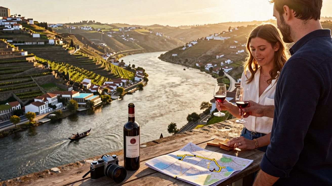 Casal a brindar com copos de vinho junto ao rio Douro, com vinhas e casas nas encostas ao pôr do sol.