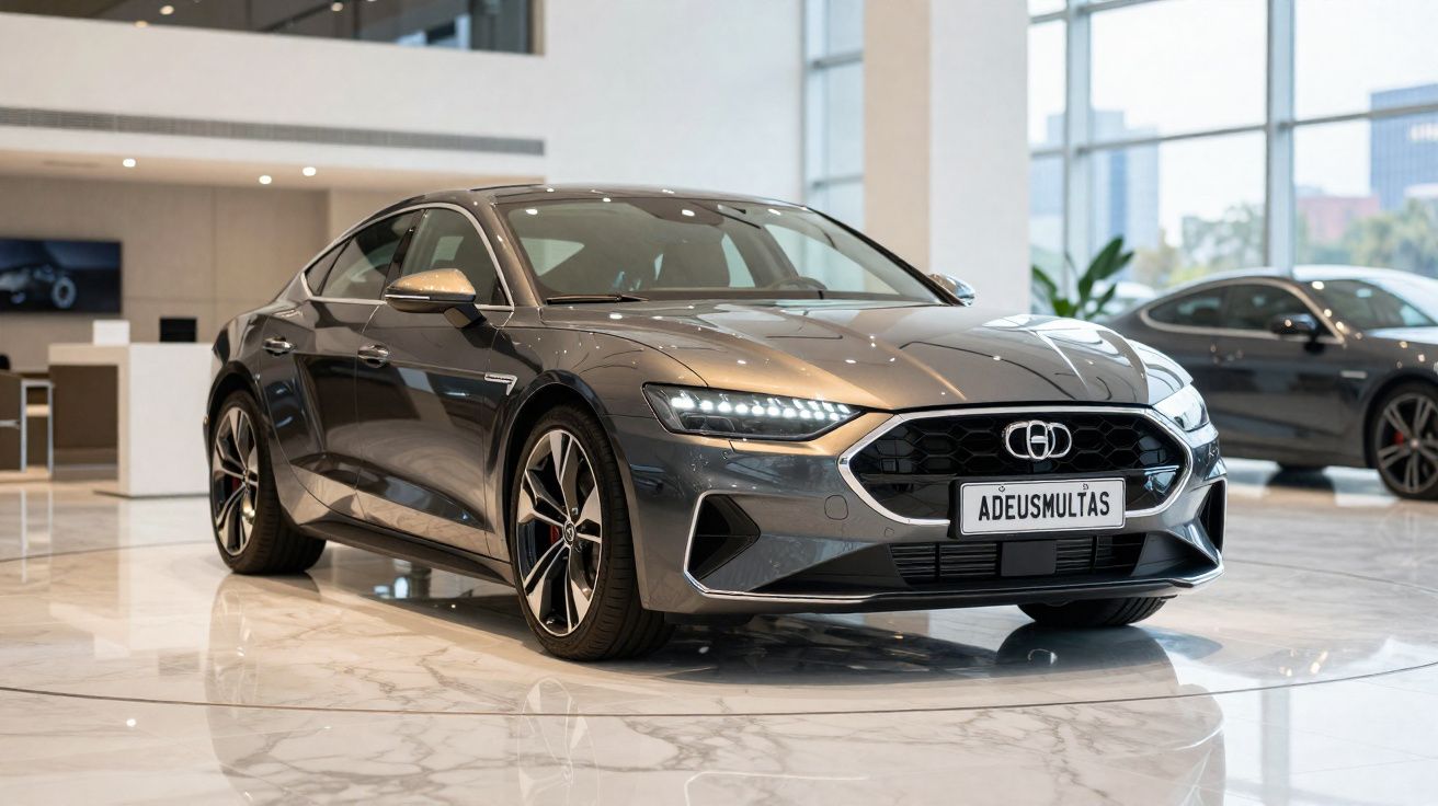 Carro elétrico moderno cinzento exposto numa sala de showroom com chão brilhante e grande janela.