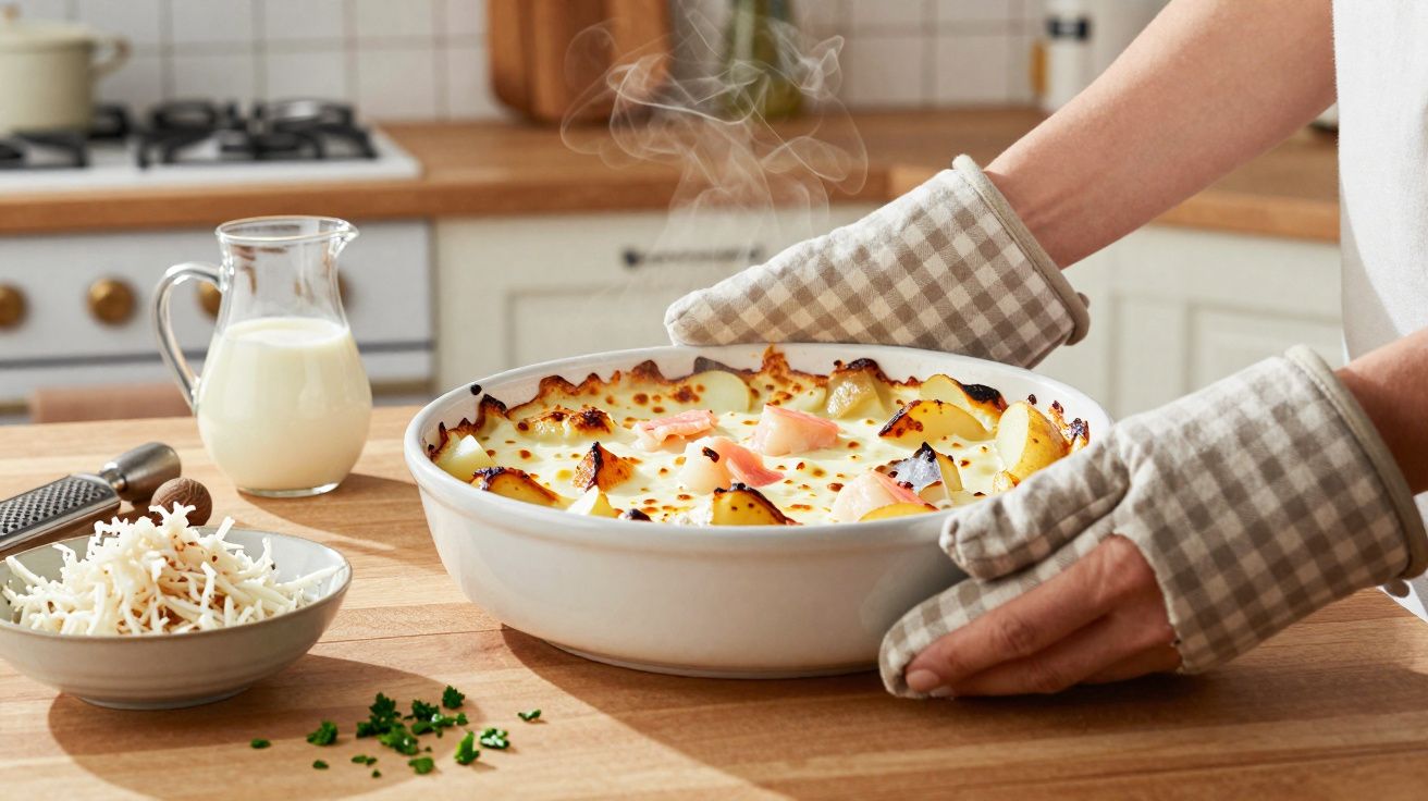 Pessoa a retirar um gratinado quente do forno com luvas, ao lado de queijo ralado e leite na bancada da cozinha.