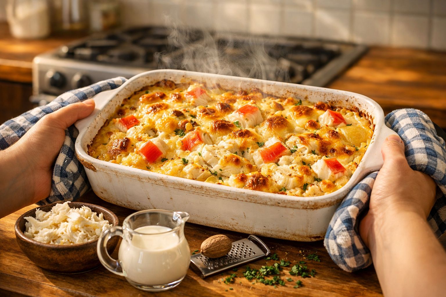 Prato de cação gratinado acabado de sair do forno, com ingredientes ao lado numa bancada de madeira.