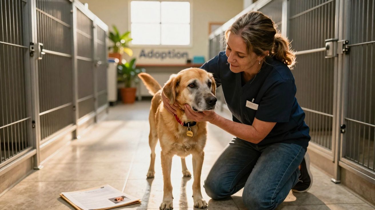 Veterinária agachada a acariciar um cão castanho num canil com placas de adoção ao fundo.