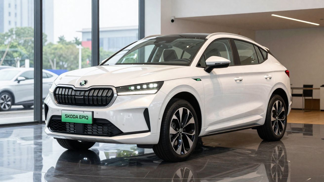 Carro SUV branco Škoda Epiq estacionado em showroom moderno com chão brilhante e janelas grandes.