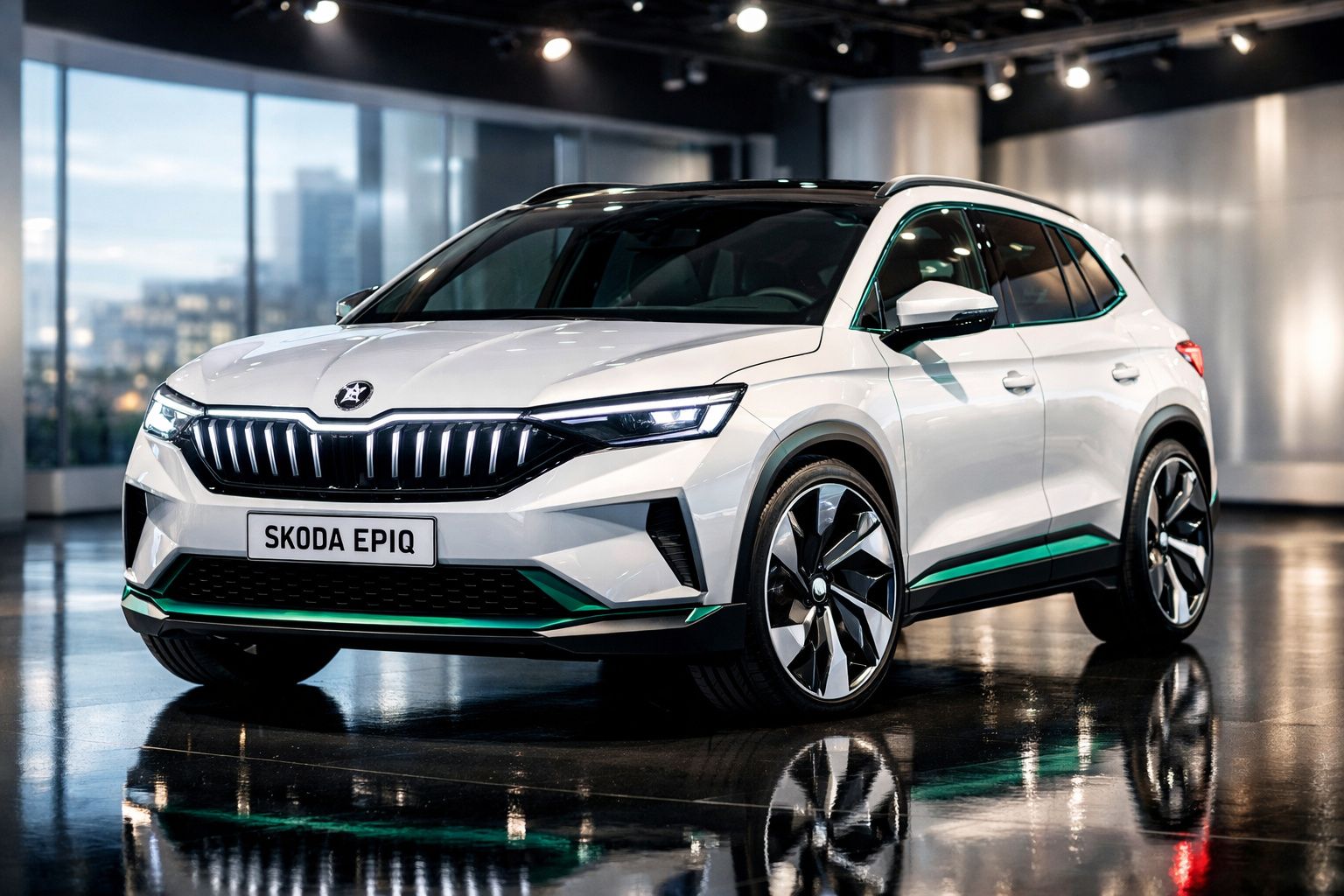 Automóvel Skoda Epiq branco estacionado em interior moderno com chão refletivo.