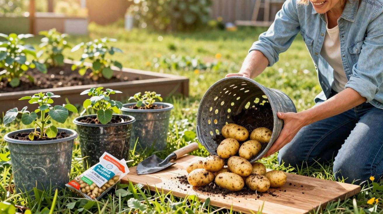 Pessoa a retirar batatas frescas de um balde na relva ao lado de plantas em vasos metálicos.