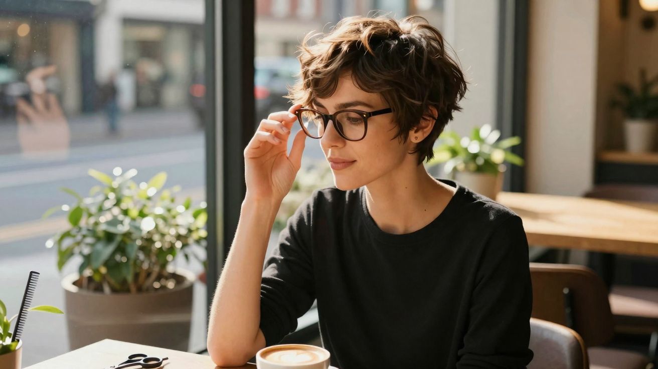 Mulher de cabelo curto e óculos sentada numa cafetaria a olhar para baixo com chávena de café à frente.