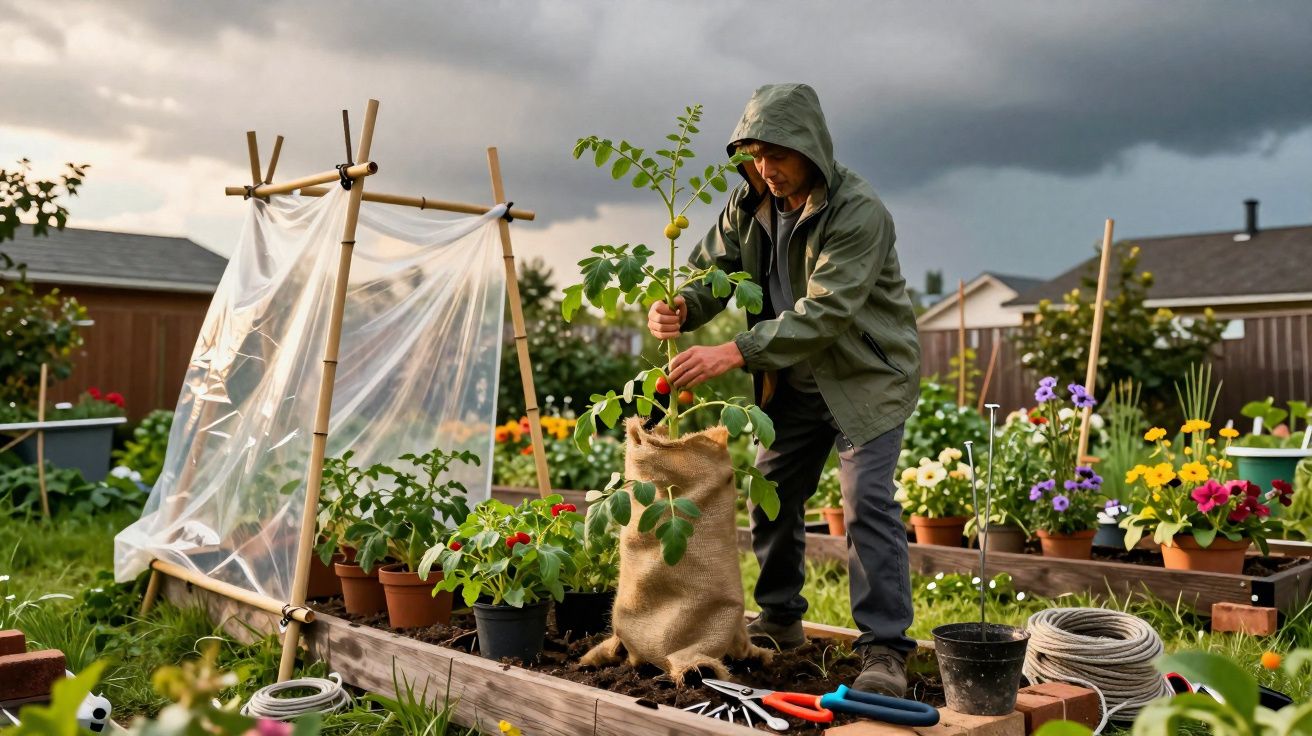 Homem a cuidar de planta em saco de juta numa horta, com céu nublado ao fundo.
