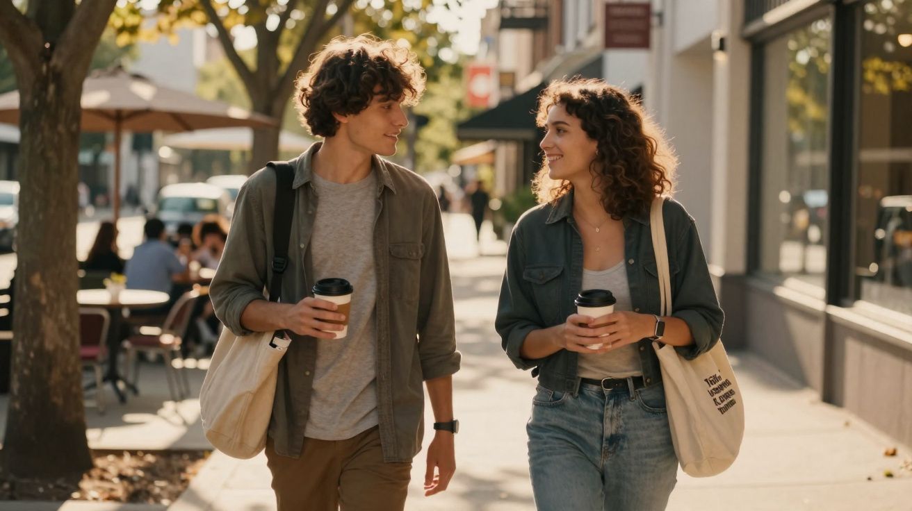 Jovem casal a caminhar e conversar numa avenida urbana ensolarada, ambos com cafés para levar e bolsas.