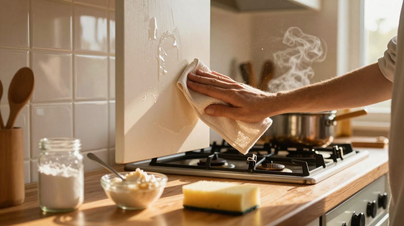 Mão a limpar armário branco da cozinha com pano, fogão a gás e utensílios na bancada de madeira.