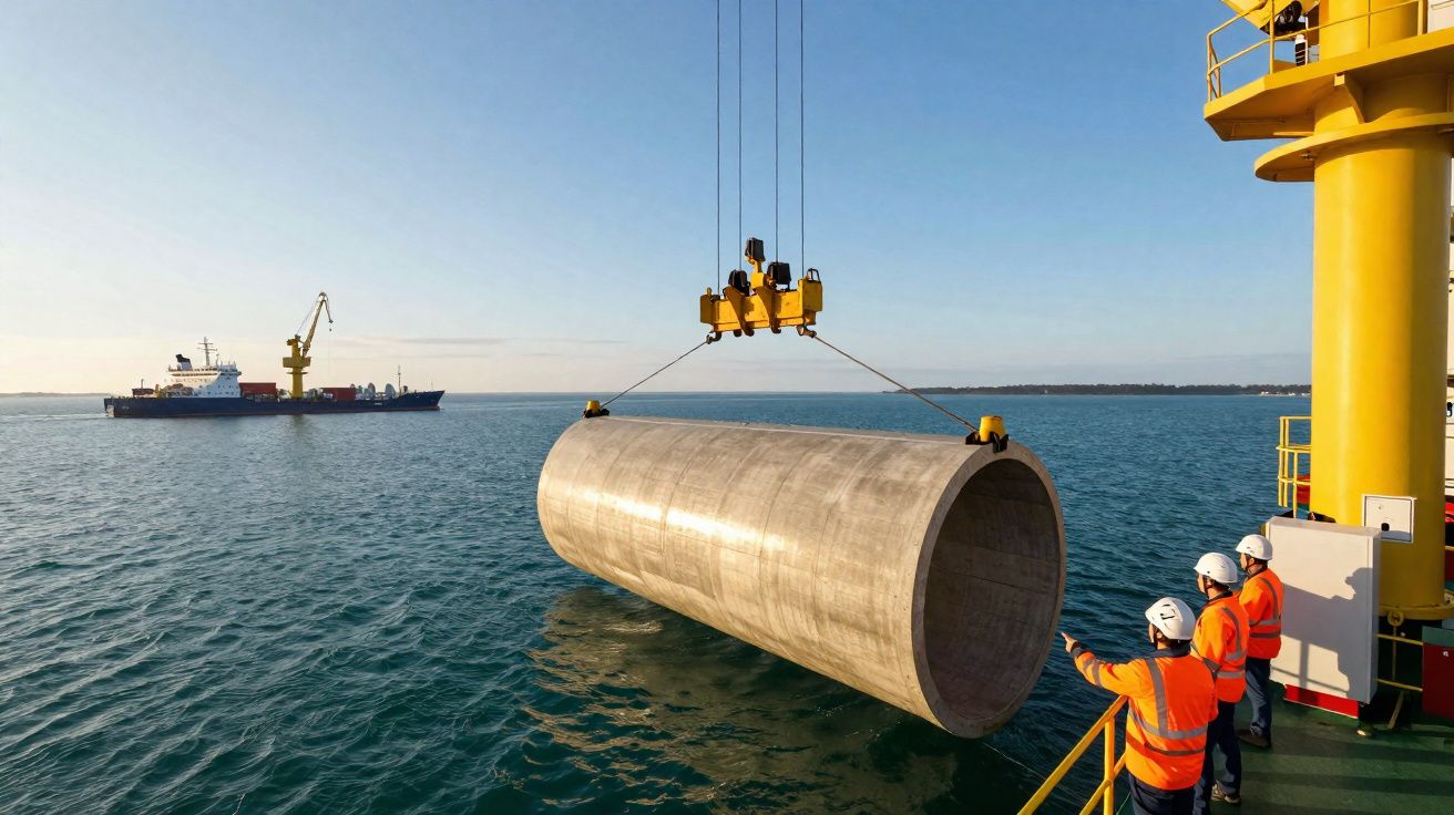 Três trabalhadores com equipamento de segurança supervisionam içamento de grande tubo de concreto no mar por guindaste.