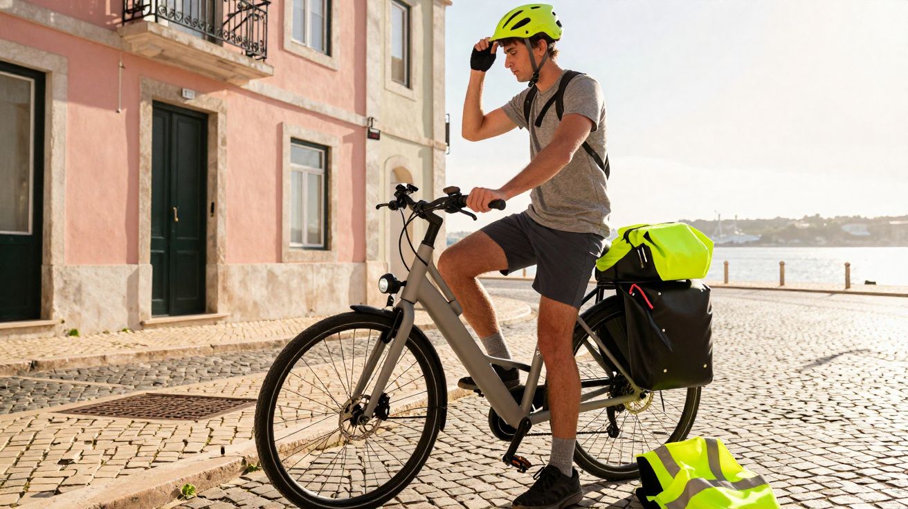 Homem com capacete amarelo sentado numa bicicleta elétrica em calçada de pedra junto ao rio.