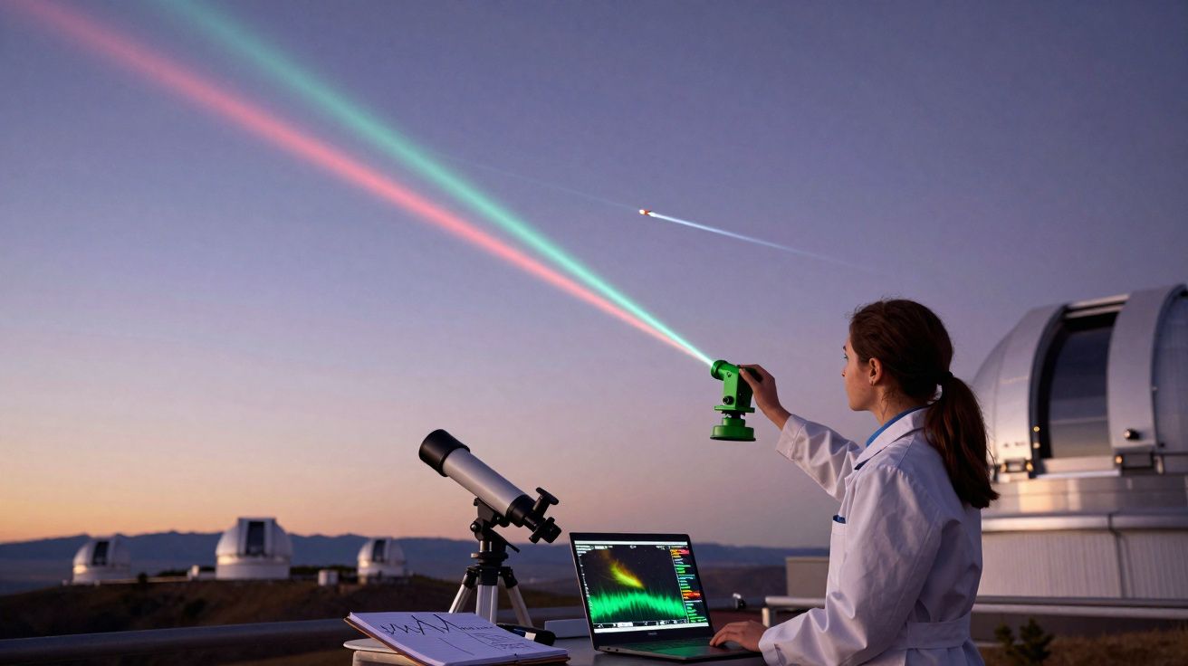 Mulher cientista usando telescópio e projetando laser para céu ao pôr do sol em observatório astronómico.